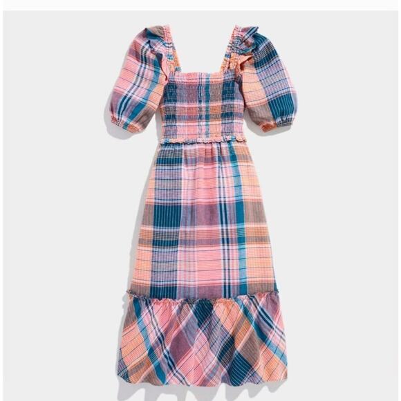 Vineyard Vines Linen Smocked Plaid Midi Dress NWT - Picture 1 of 4